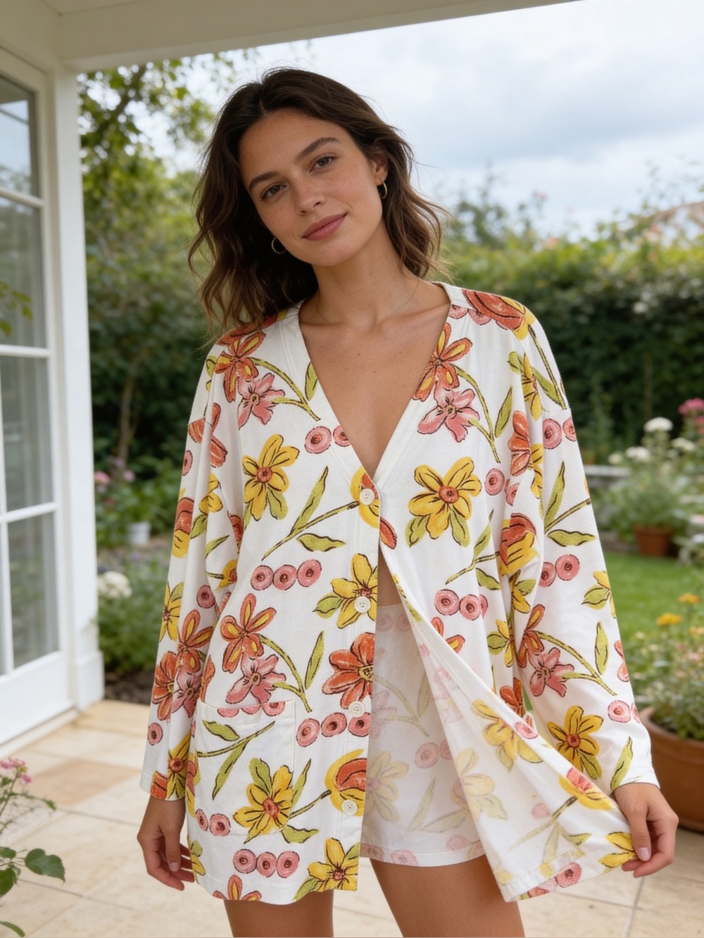 Dana Lewis Floral Button-Front Lounge Top (inv# 238)